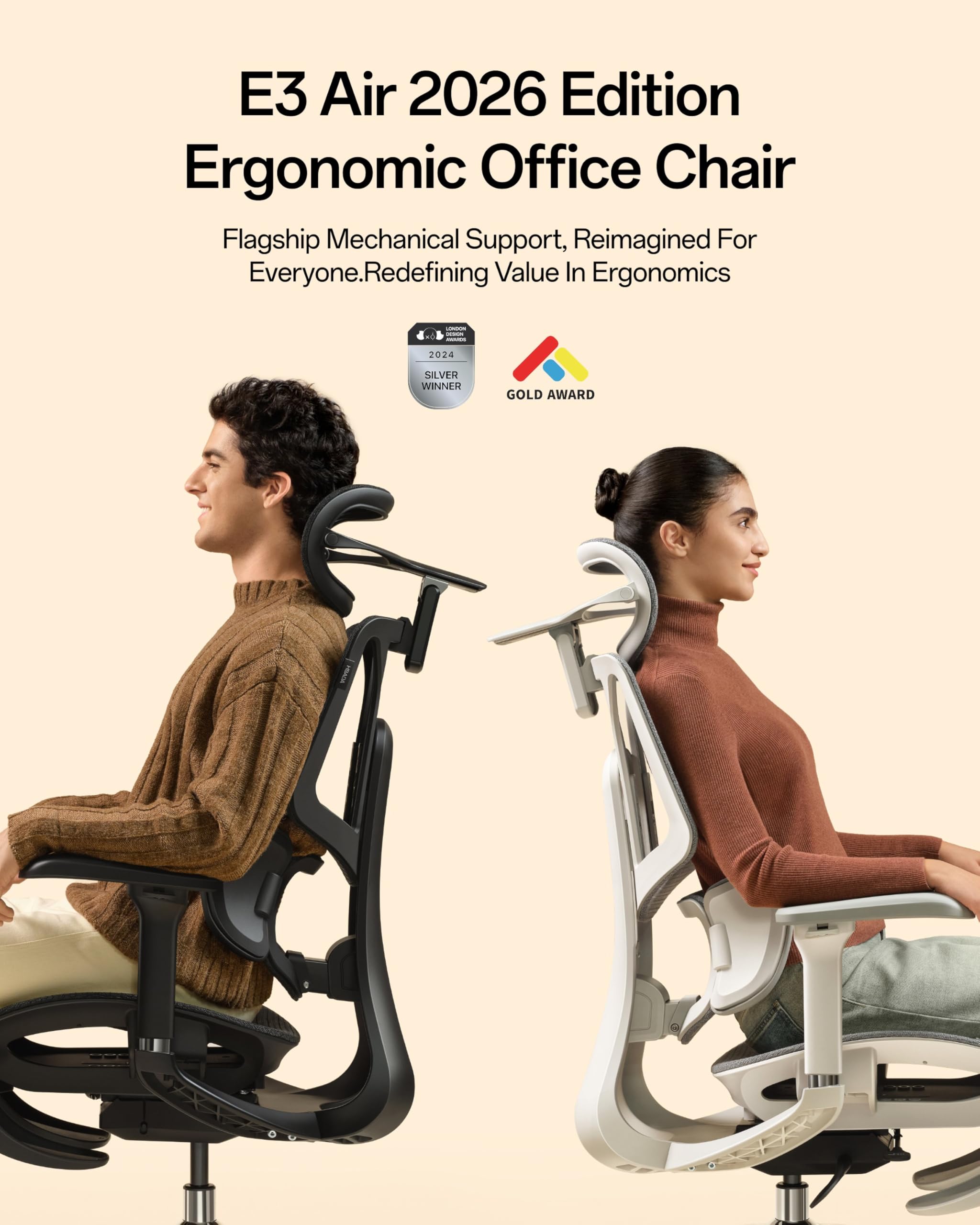 E3 Air 2026 Ergonomic Office Chair, 3-Zone Lumbar Support, Comfy Home Office Chair with Auto Recline, 4D Headrest & Armrests, 140° Tilt for Work & Relax with Footrest, Black with Footrest