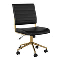 Armless Swivel Task Chair for Home Office in Black Faux Leather with Polished Brass Frame