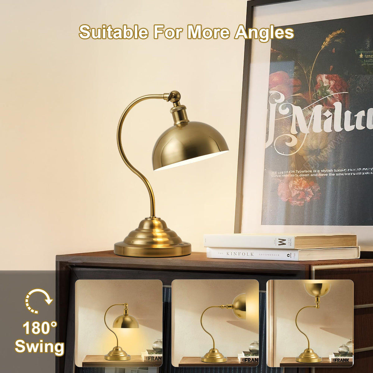 Cordless Table Lamp, Battery Operated Vintage Desk Light, Bras