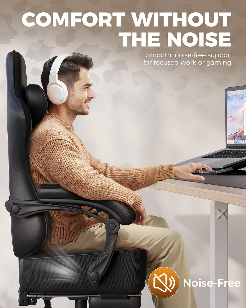 Big and Tall Gaming Chair with Footrest, Ergonomic Office Desk Chair with 4.4in Thick Cushion and Wide Wingless Seat, Comfortable Leather Computer Chair, Predator Series, Black with Trim