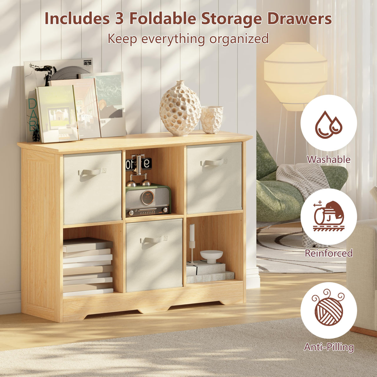 6 Cube Storage Organizer with 3 Fabric Drawers and Removable Shelves — Modular Cube Bookshelf for Bedroom, Living Room, or Home Office, Short Cube Bookcase for Toys, Decor,Natural Wood