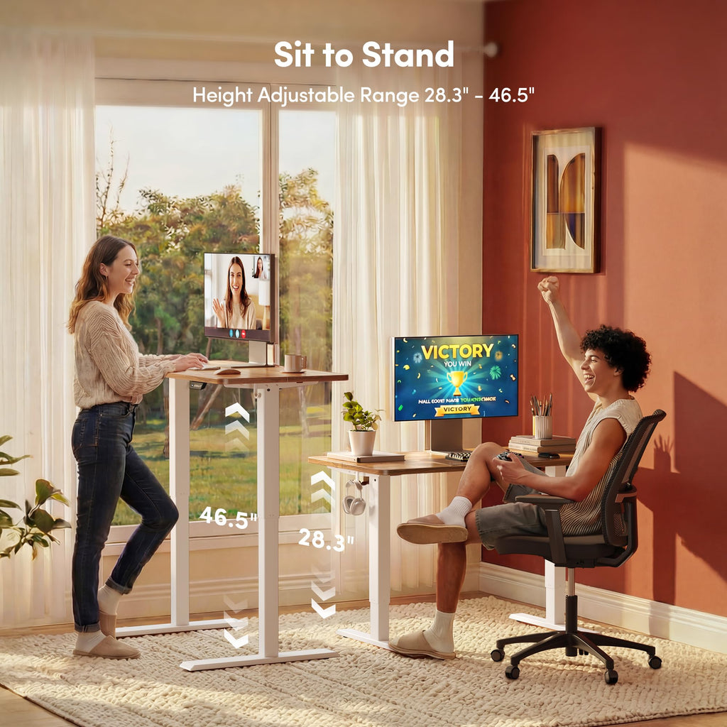 48 x 24 Inchs Electric Standing Desk, Height Adjustable, Sit Stand Up, Computer Office Desk with Splice Board, White Frame/Light Rustic Top