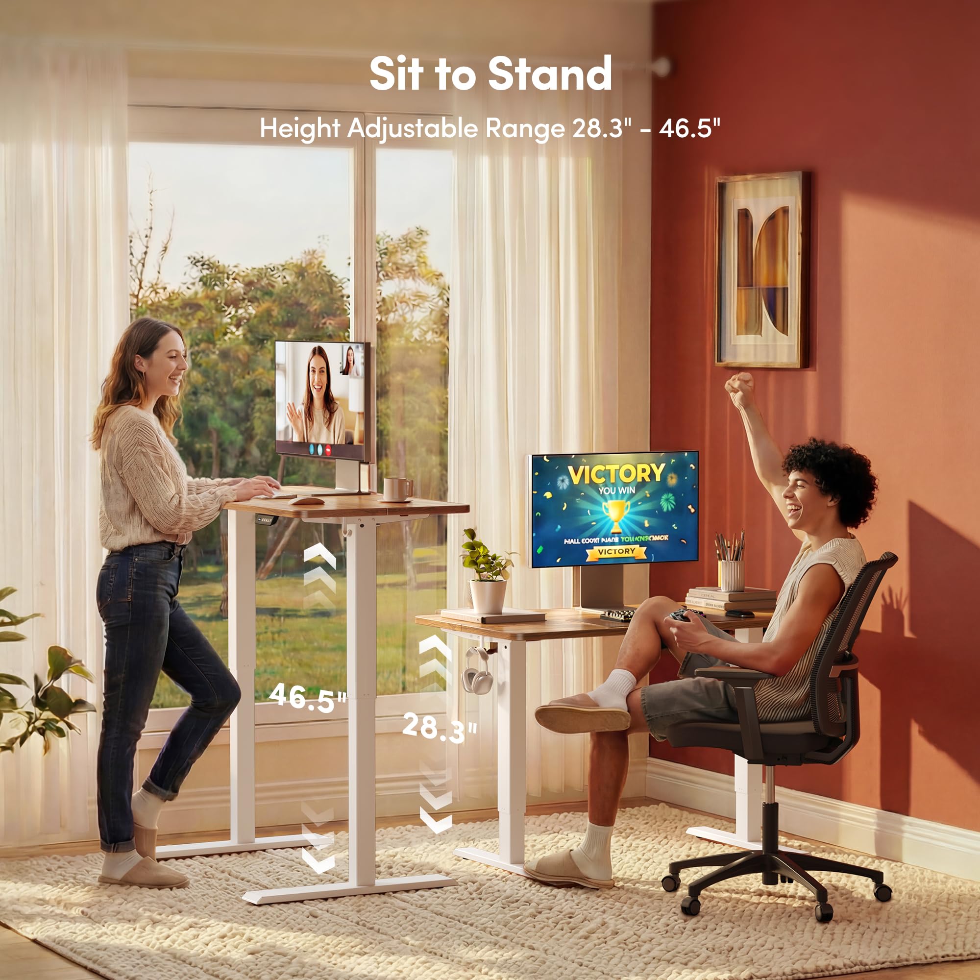 48 x 24 Inchs Electric Standing Desk, Height Adjustable, Sit Stand Up, Computer Office Desk with Splice Board, White Frame/Light Rustic Top