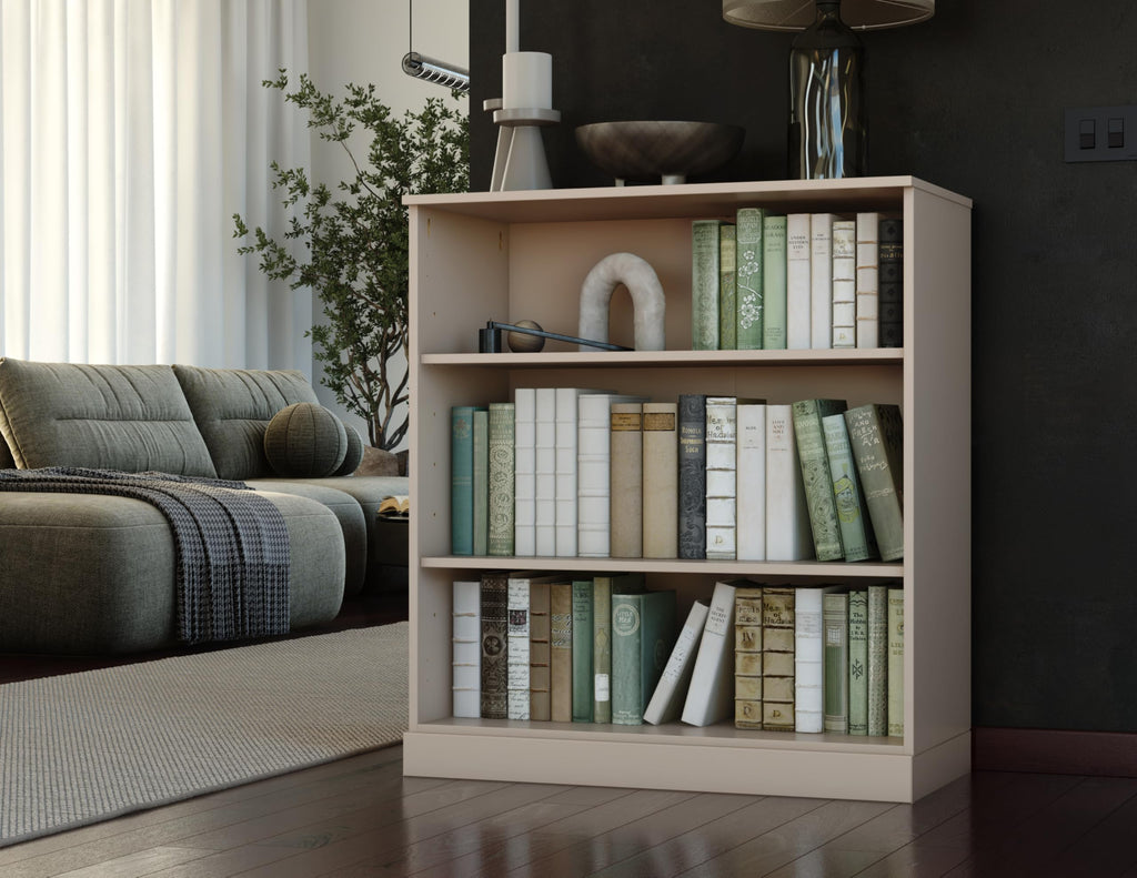 Solid Wood Bookcase - 3 Tier Floor Standing Bookshelf - 36" Short Storage Shelf, 32” Wide - Beige, Display Furniture for Living Space, Renewable 100% Eco-Friendly Wood, Made in Brazil