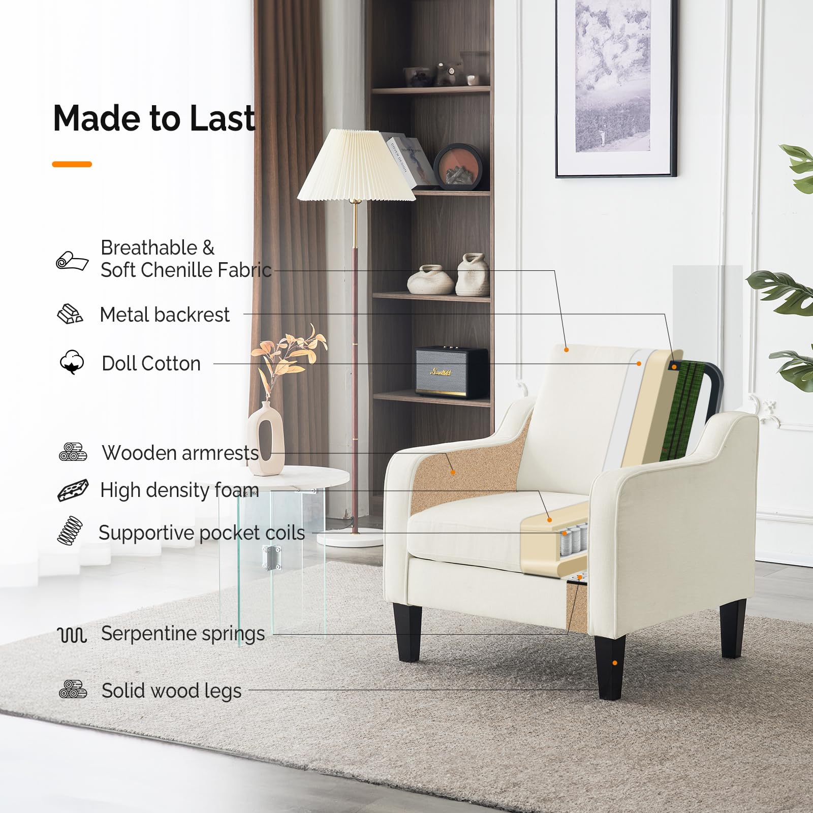 White Accent Chair Soft Chenille Comfy Arm Chair Mid Century Modern Sofa Chair for Small Spaces Bedroom, Office, Apartment, Lounge (Creamy White)