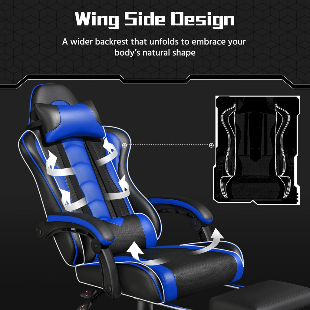 Gaming Chair, Video Game Chair with Massage Lumbar Support and Footrest Height Adjustable Ergonomic Computer Chair with Swivel Seat and Headrest Black/Blue