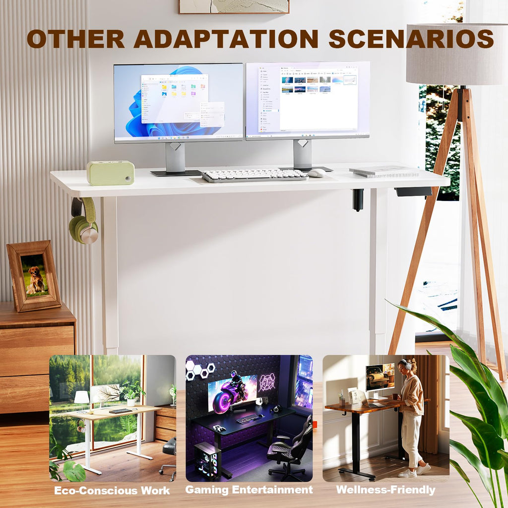 55 Inch Large Electric Standing Desk,Sit to Stand Up, Heights Adjustable, Work Home Office Computer Table for Study, Walking Pad, Writing, and Games, Wooden Desktop Desks, White