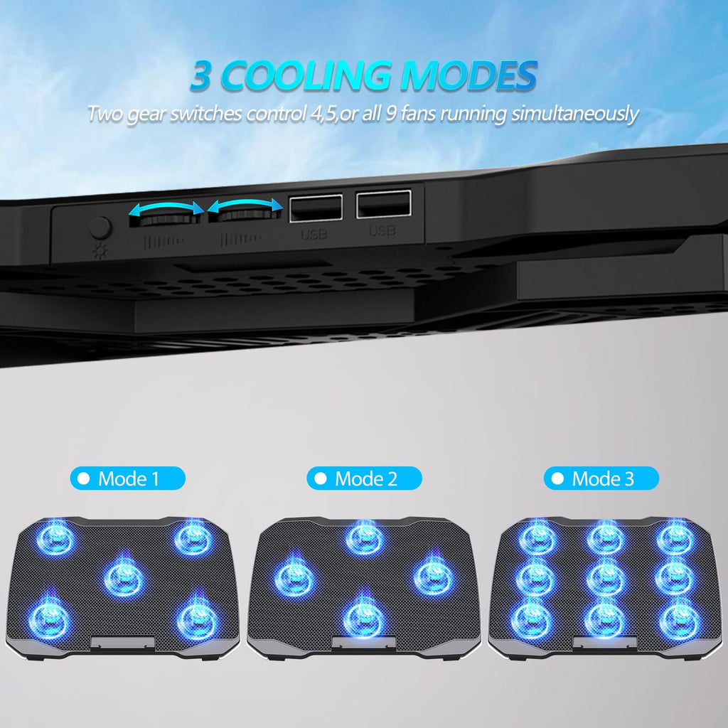 Laptop Cooling Pad, Gaming Laptop Cooler with 9 Quiet Fans, Laptop Cooling Stand for 12-17 Inch, Laptop Computer Fan with 5 Height Adjustable,2 USB Ports,1 Phone Stand
