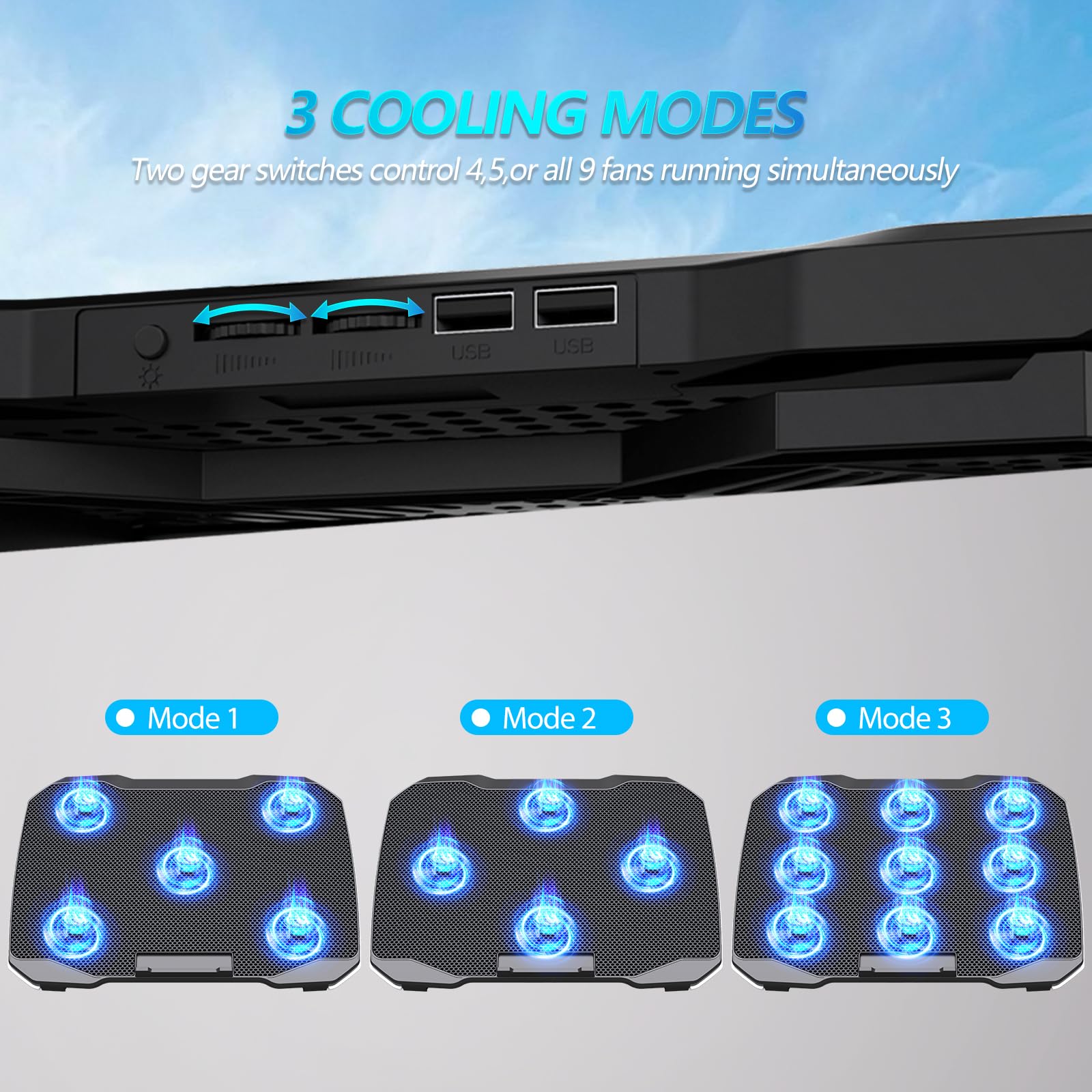 Laptop Cooling Pad, Gaming Laptop Cooler with 9 Quiet Fans, Laptop Cooling Stand for 12-17 Inch, Laptop Computer Fan with 5 Height Adjustable,2 USB Ports,1 Phone Stand