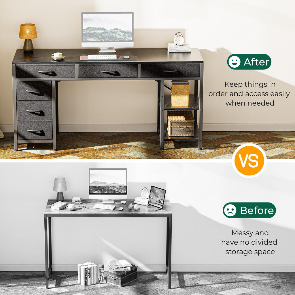 Computer Desk with 6 Drawers, Office Desk with Shelves, Reversible Gaming Desk, Corner Desk with Storage, Work for Home Office, Study, Living Room, 54inch, Black