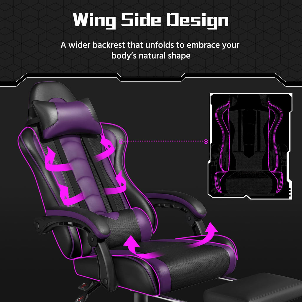 Gaming Chair, Video Game Chair with Massage Lumbar Support and Footrest Height Adjustable Ergonomic Computer Chair with Swivel Seat and Headrest Black/Purple