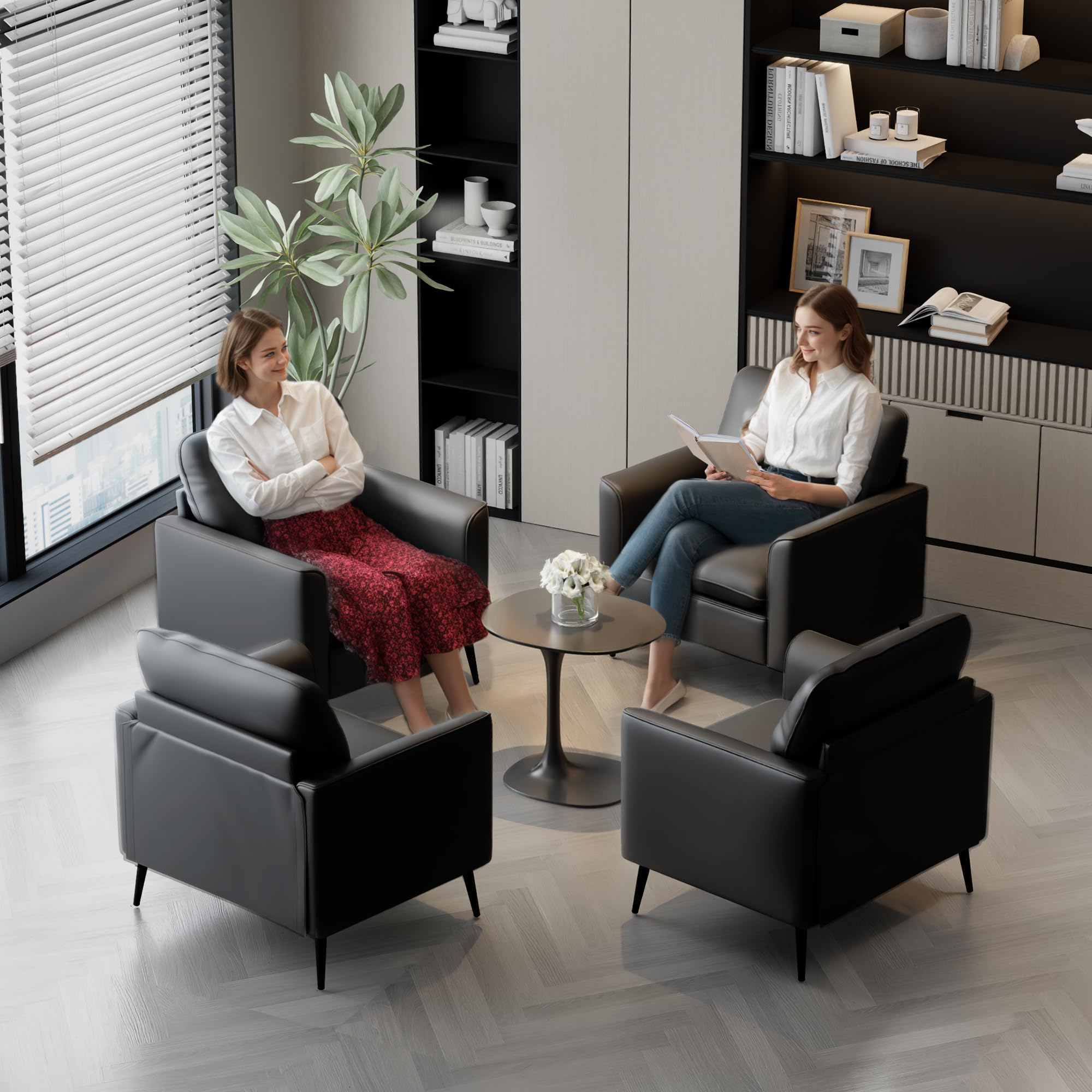 Accent Chair, Faux Leather Chairs, Mid Century Modern Comfy Living Room Chairs, Cozy Office Reading Chair, Reception Armchairs for Office, Bedroom, Waiting Room (Black) (1)
