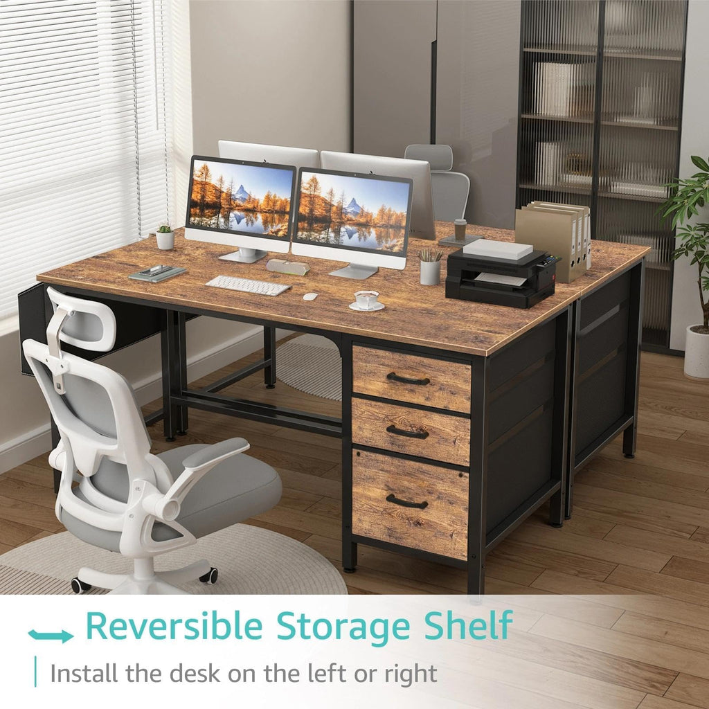 Computer Desk with Fabric File Drawers Cabinet, 55 Inch Reversible Home Office Desks with Filing Cabinet for Small Space, Study Writing Table PC Desks with Storage for Bedroom, Rustic Brown