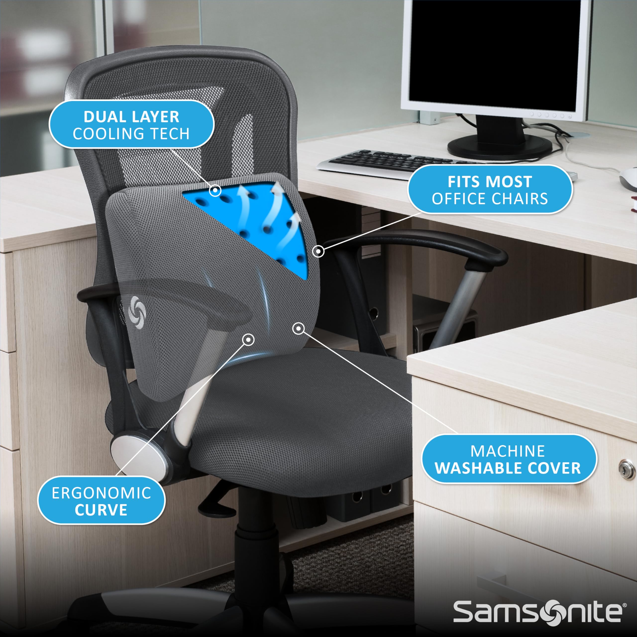 Memory Foam Lumbar Support Pillow for Office Chair, Gaming Chair, or Car-Ergonomic Back Cushion-Home Essentials for Sitting Comfort and Posture Relief Back Support with Cooling Gel, Grey