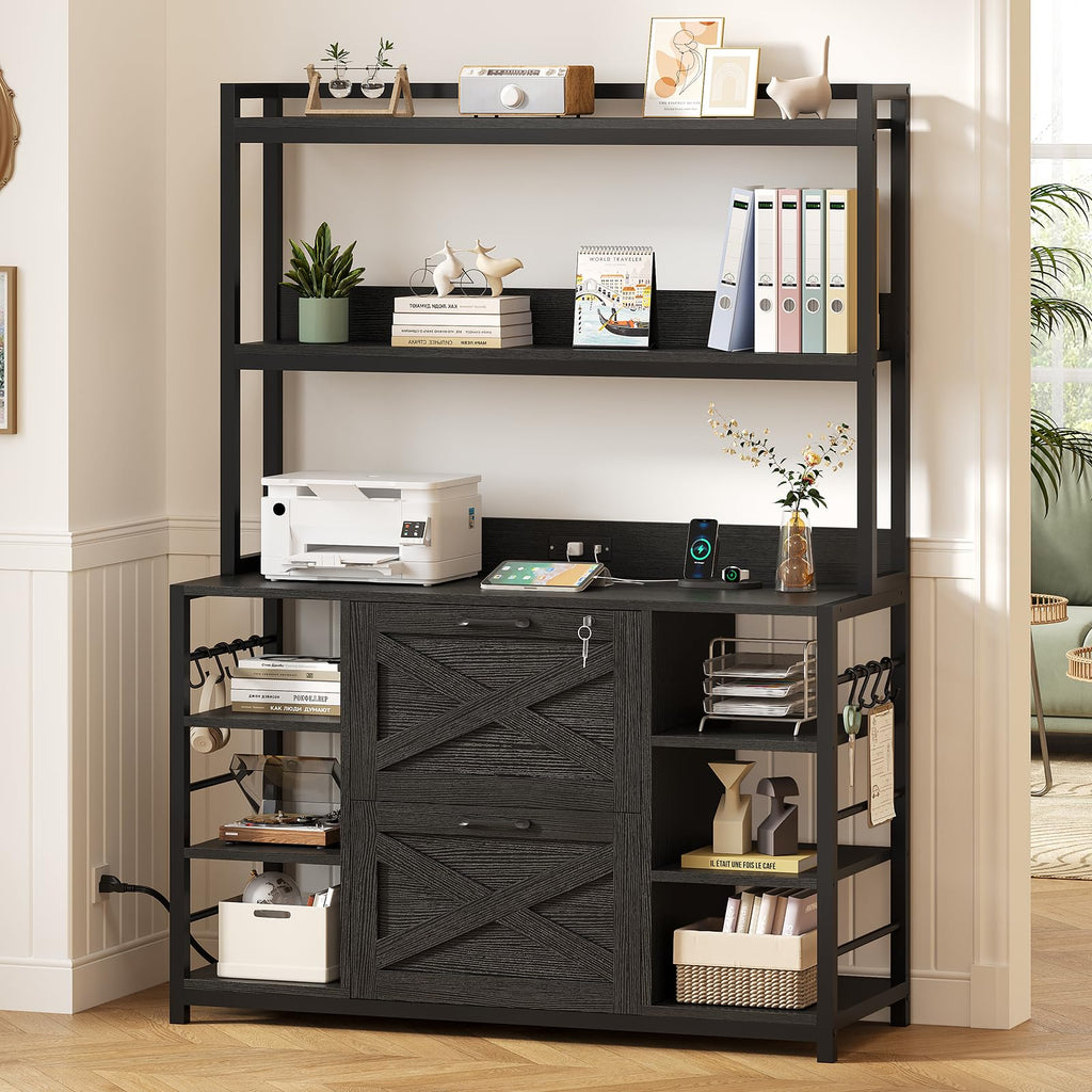 File Cabinet with Charging Station, Vertical Filing Cabinet with Lock for Home Office, Printer Stand with Open Storage Shelf, Fits Legal/Letter/A4 Size, Black