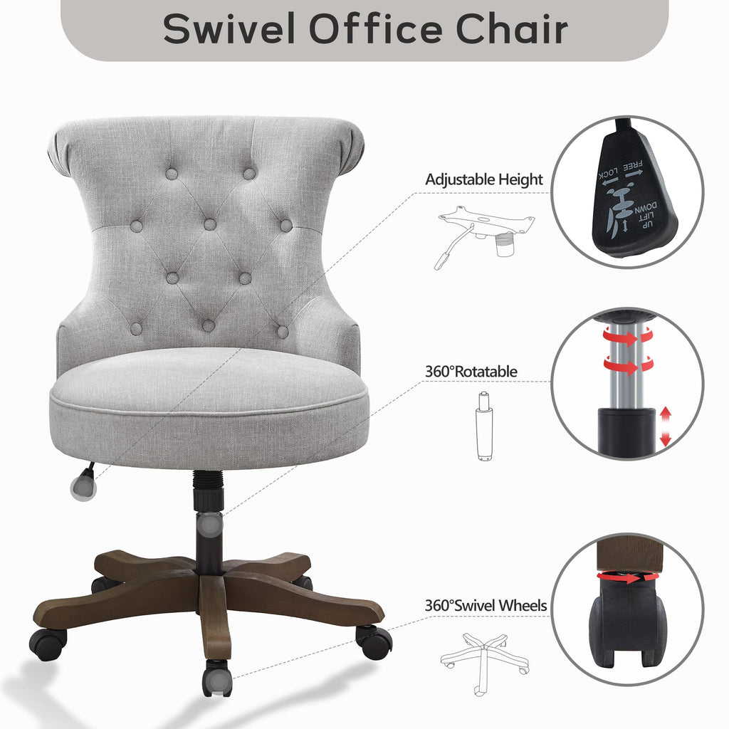 Home Office Chair Upholstered Armless Desk Chair with Wheels Adjustable Height Computer Desk Chair with Wooden Legs Linen Comfortable Swivel Chairs for Home Office Study Studio (Light Grey)