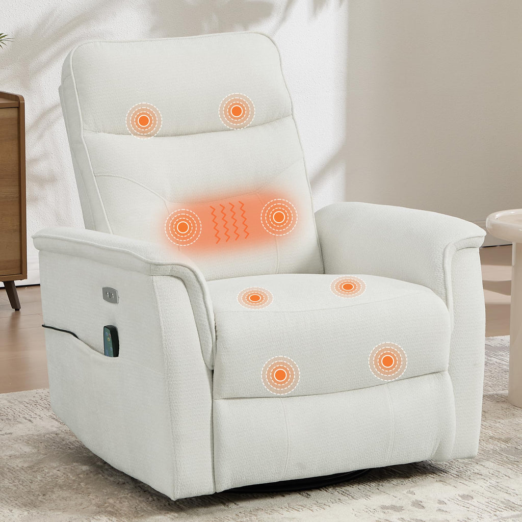 Recliner Chair for Adults, Power Chenille Nursery Rocker Recliner Massage and Heat, Oversized Swivel Reclining Chair with USB Ports for Living Room, Office White