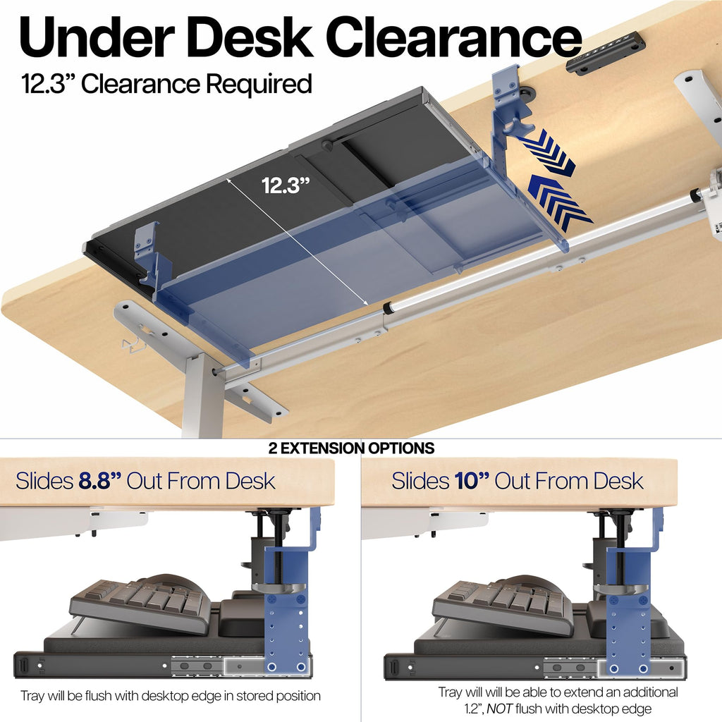 Large Height and Width Adjustable Under Desk Keyboard Tray, C-clamp Mount System, 22.5” to 30” (28.5” to 36” Including Clamps) x 11 inch Slide-Out Platform for Typing, Black