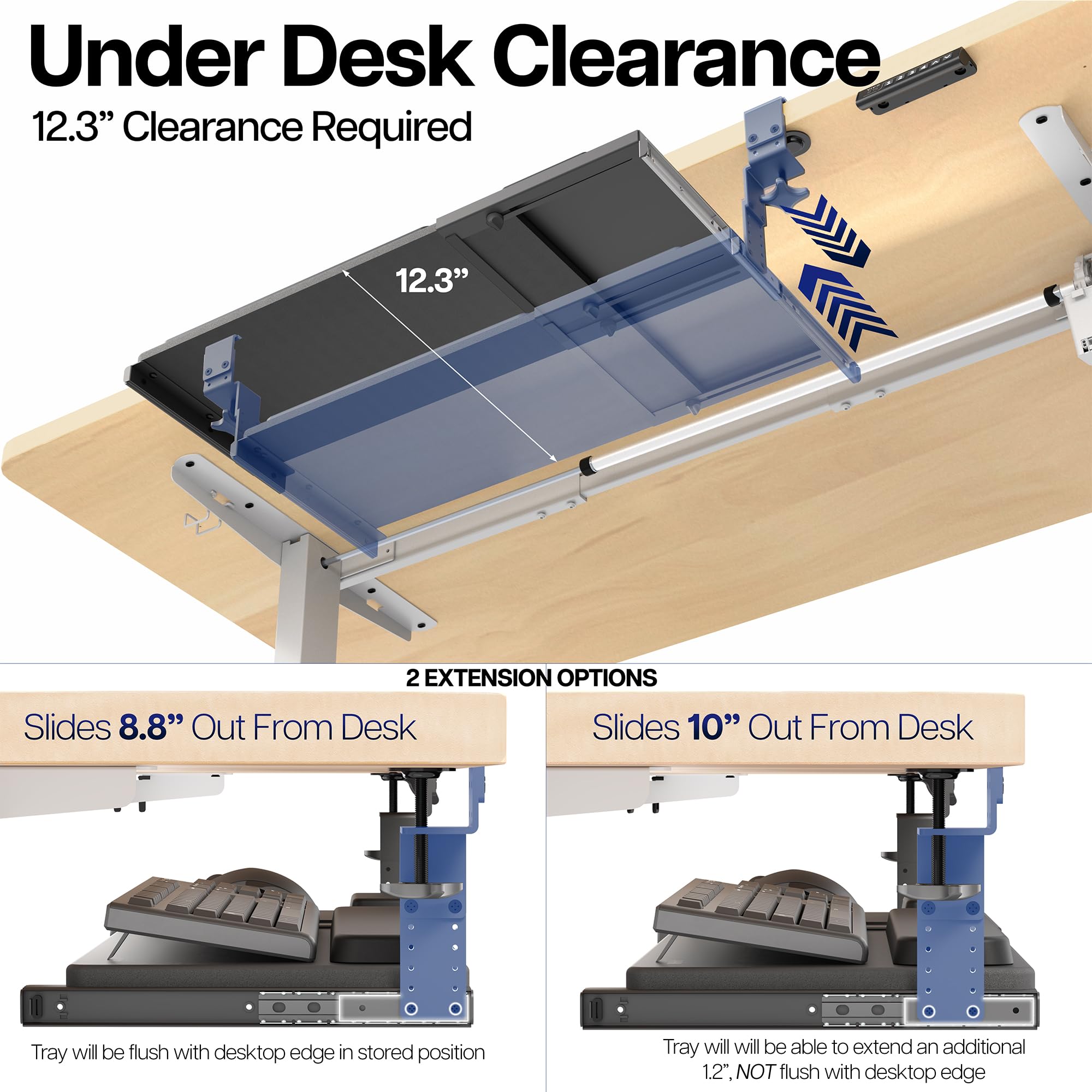 Large Height and Width Adjustable Under Desk Keyboard Tray, C-clamp Mount System, 22.5” to 30” (28.5” to 36” Including Clamps) x 11 inch Slide-Out Platform for Typing, Black