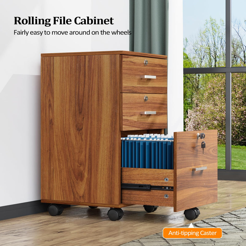 3-Drawer File Cabinet with Lock, Wood Rolling Filing Cabinets for Home Office, Mobile Printer Stand, Under Desk File Organizer for Letter Sized Files, 26" H(Caster Included), Walnut