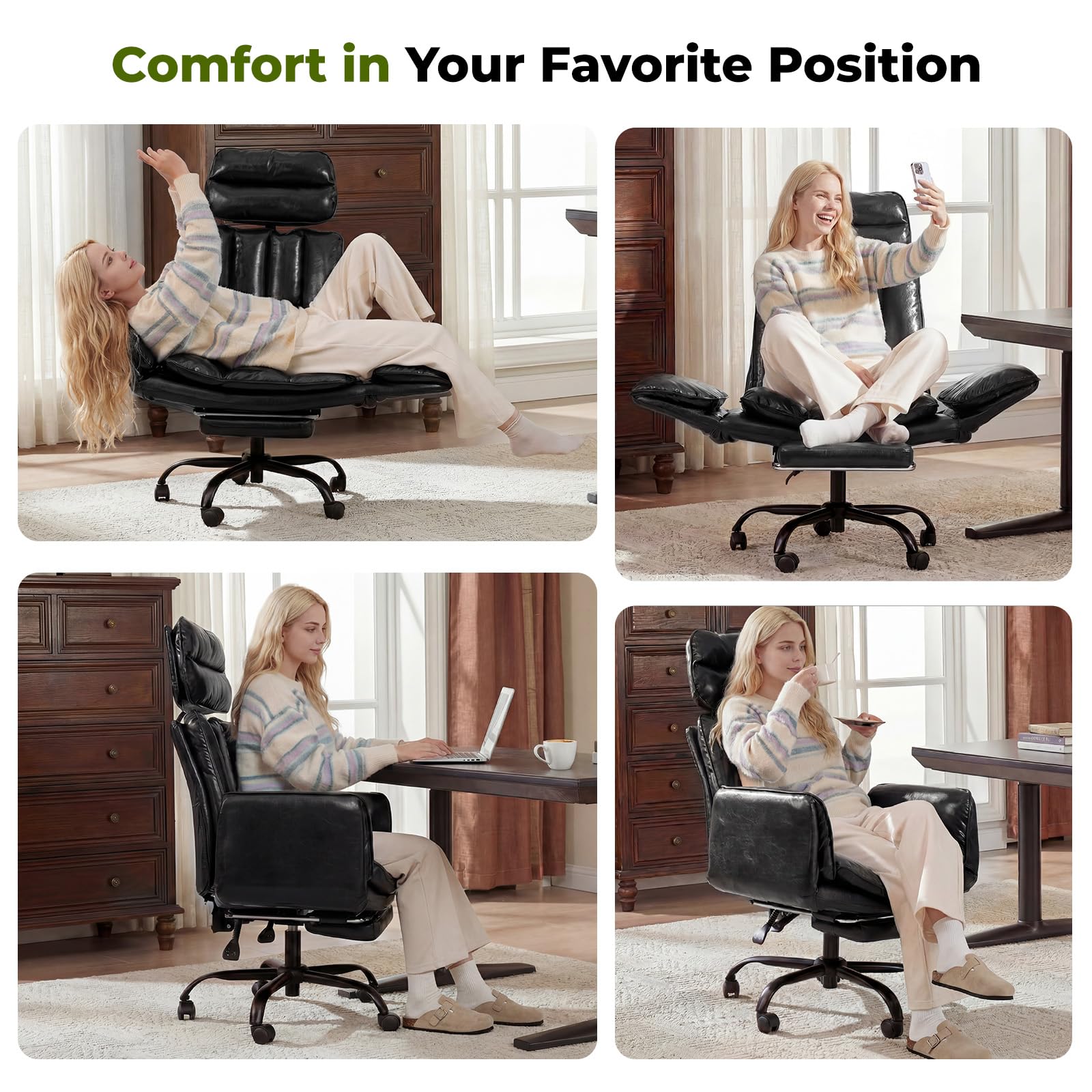 Criss Cross Office Chair with Armrests & Wheels, Comfy Big and Tall Chair, Ergonomic Executive Gaming Computer Chairs with Foot Rest, PU Leather Wide Seat Reclining Desk Chair, Black