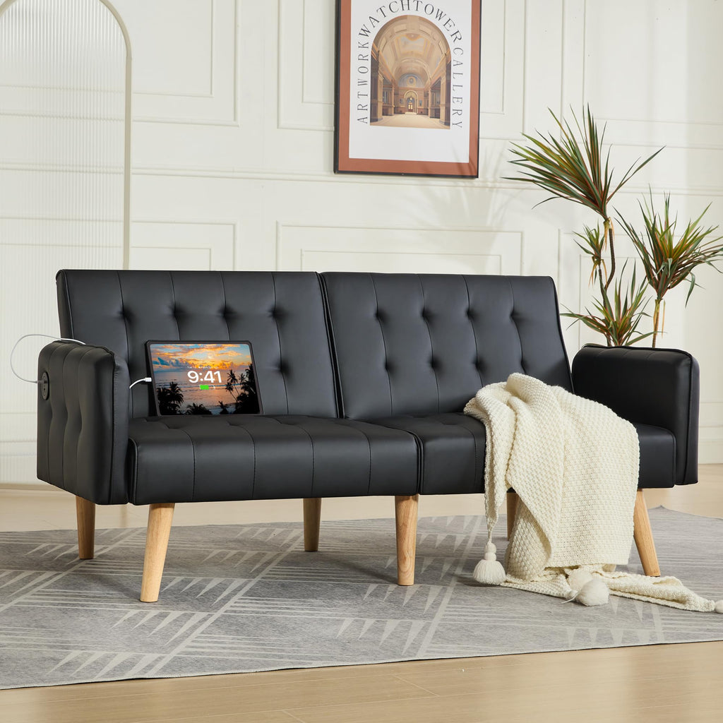 Faux Leather Convertible 65'' Folding Futon Sofa Bed w/ 2 USB, Loveseat for Small Space, Office, Apartment, Dorm, Living Room, Black