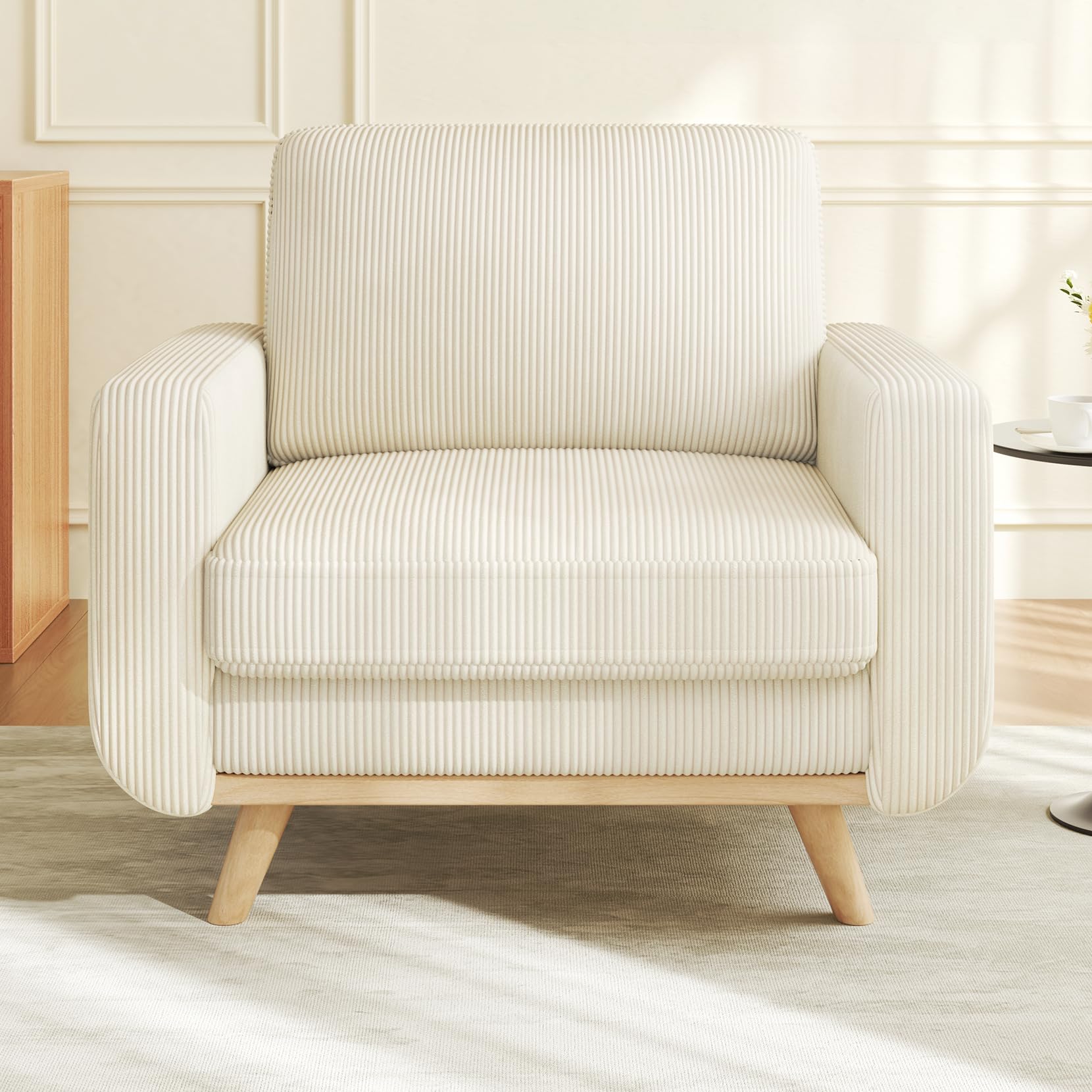 38.5" Accent Chair Beige, Comfy Corduroy Single Sofa Seat with Spring Cushion, Upholstered Armchair with Deep Seat, Reading Chair for Adults, Modern Sofa for Living Room, Bedroom