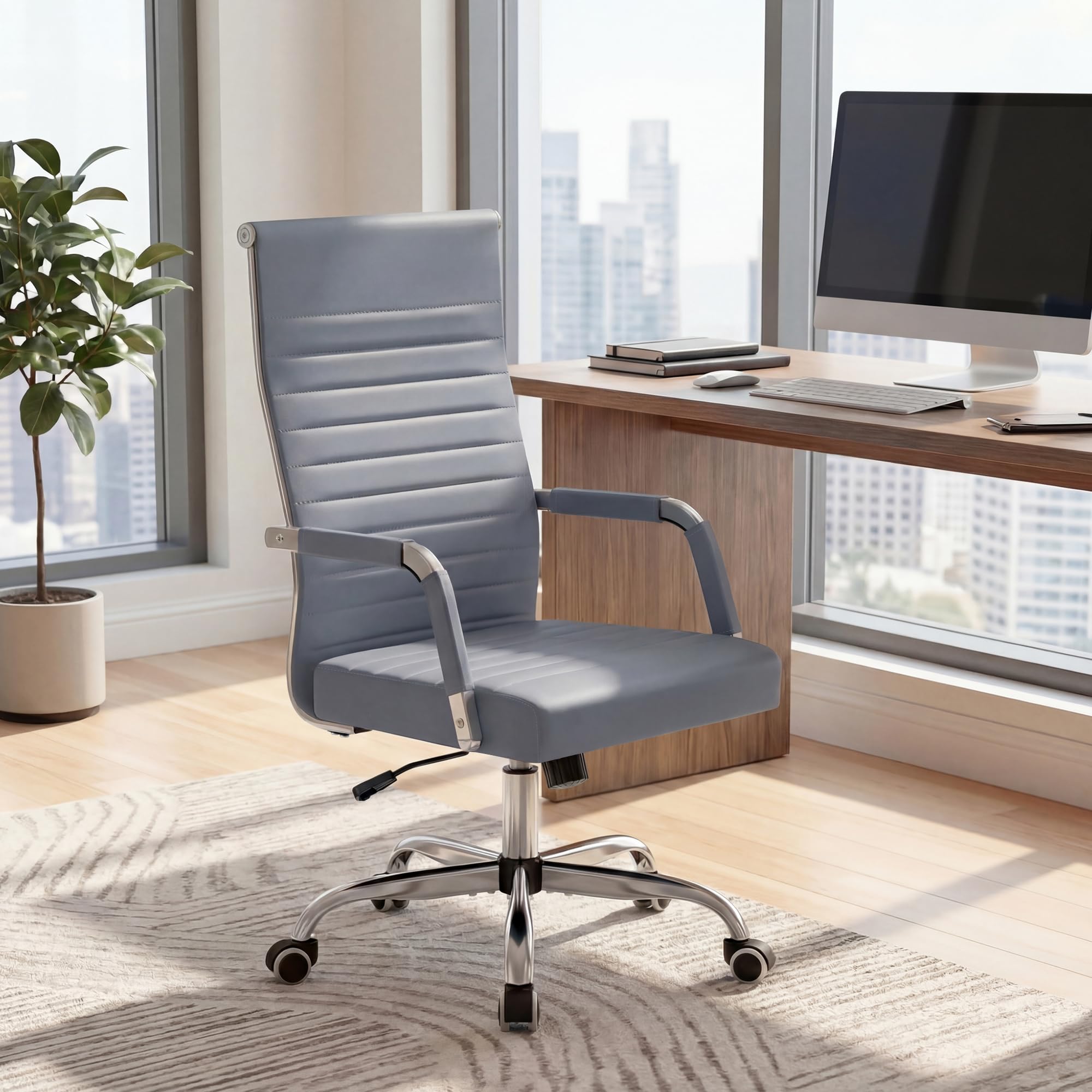 (2, Grey) Ergonomic Office Desk Chair, Executive Ribbed Mid-Back PU Leather Conference Room Chair Adjustable Swivel Chair with Arms
