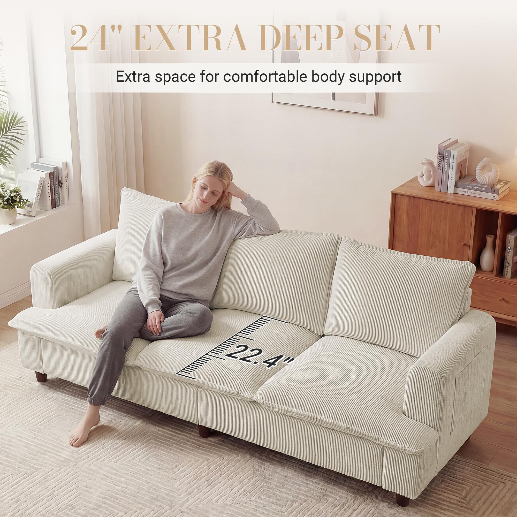 3 Seater Couch, 83" Comfy Corduroy Sofa with Deep Seat, Modern Sofa Couch for Living Room, Office, Bedroom, Apartment (Pillows not Included)