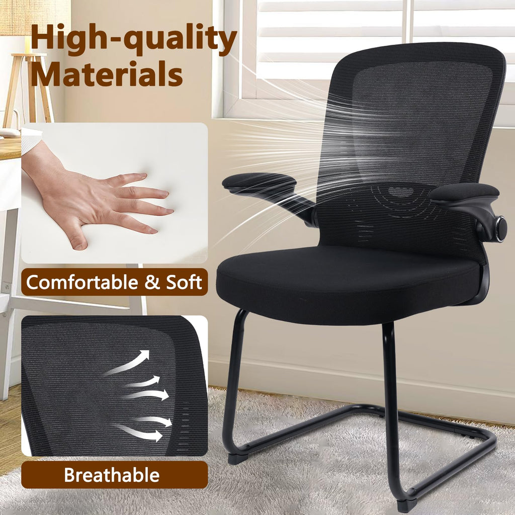 Black (2PK) Office Guest Chair no Wheels, Ergonomic Mesh Desk Chair Adjustable Lumbar Support and Flip Up Arms, Sled Base for Office Guest & Reception Chairs for Conference Room,