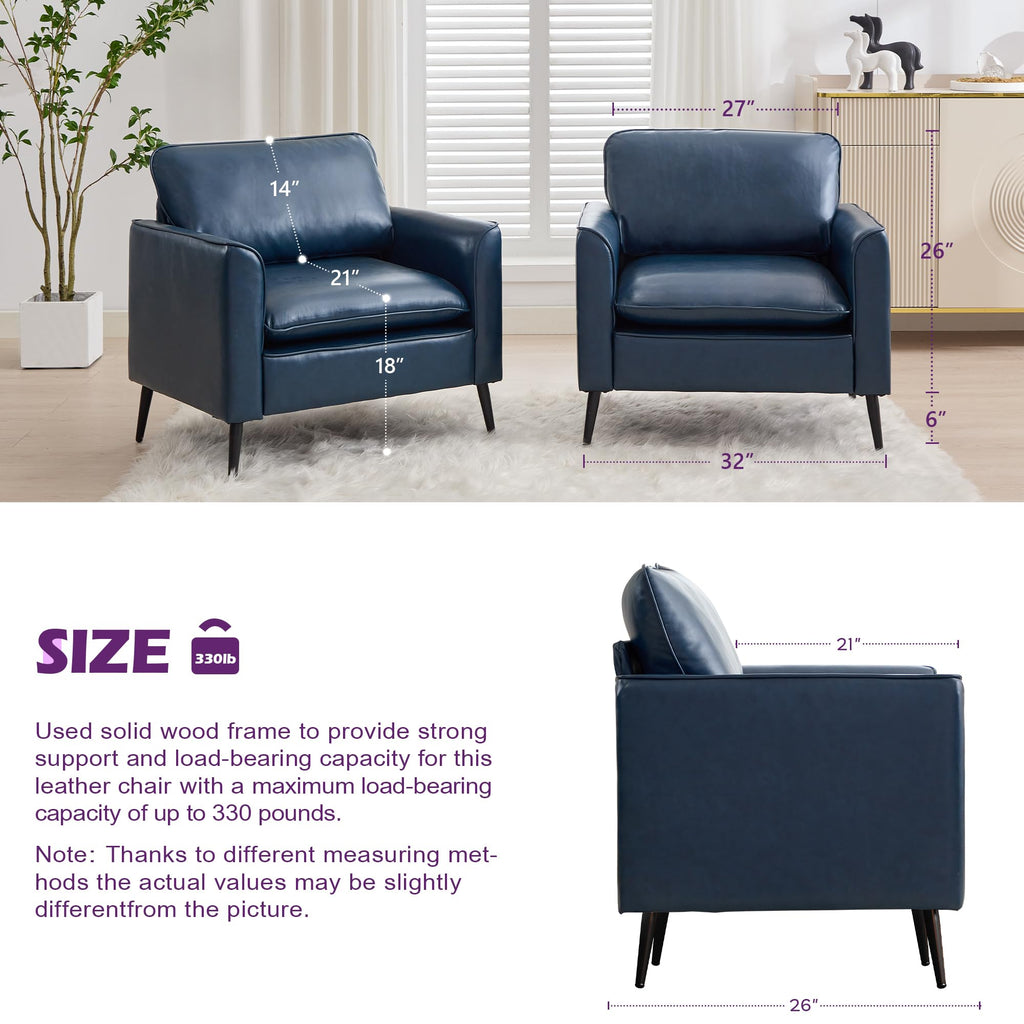 Leather Accent Chair, Mid-Century Modern Comfy Living Room Chairs, Cozy Office Reading Chair, Reception Armchairs for Bedroom, Office, Waiting Room (Blue)