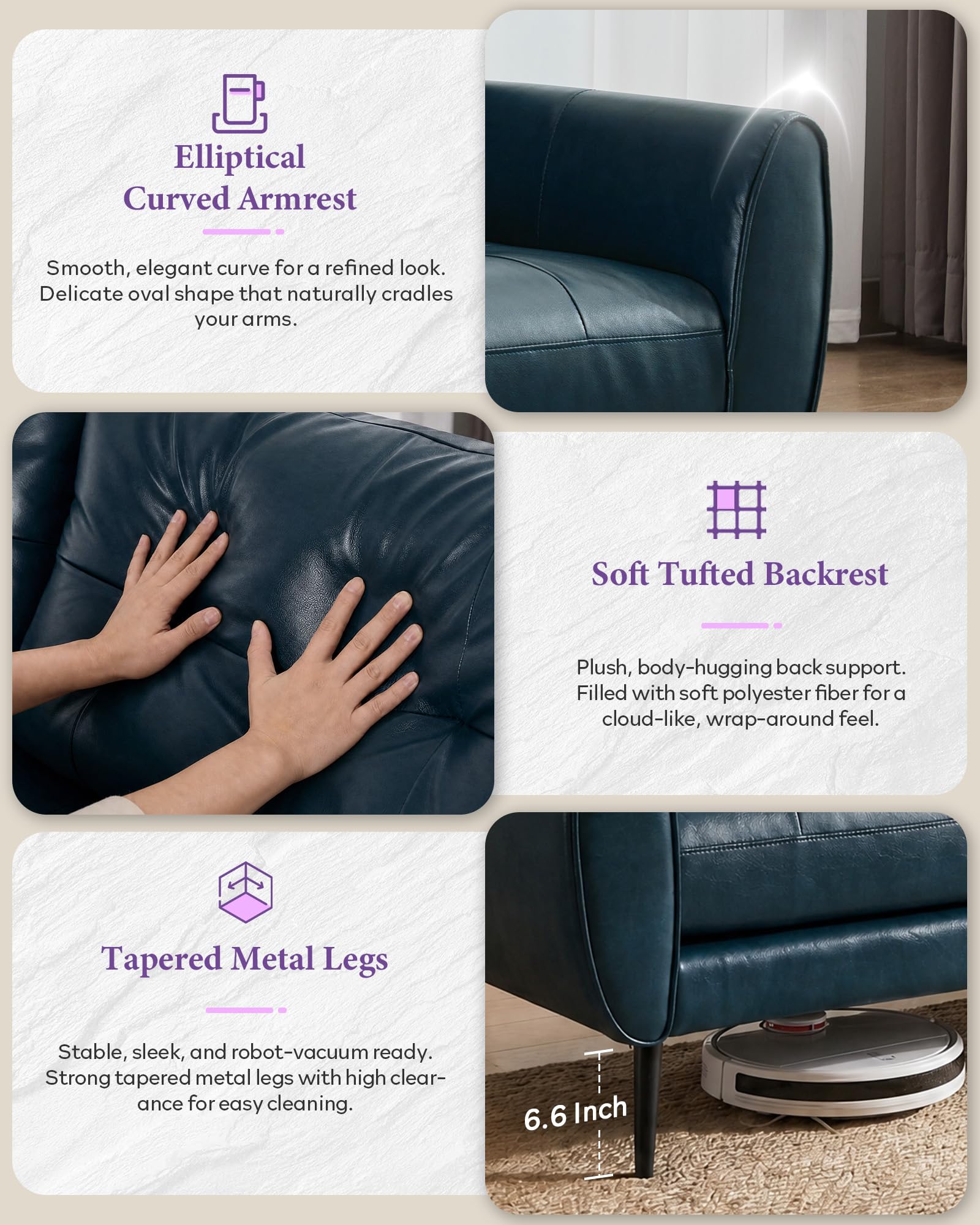 Sofa Couch 61" Small Loveseat Couches for Living Room Blue Leather Couch Mid Century Modern Tufted Mini Sofa Comfy Office 2 Seat Settee Love Seat for Small Spaces Bedroom