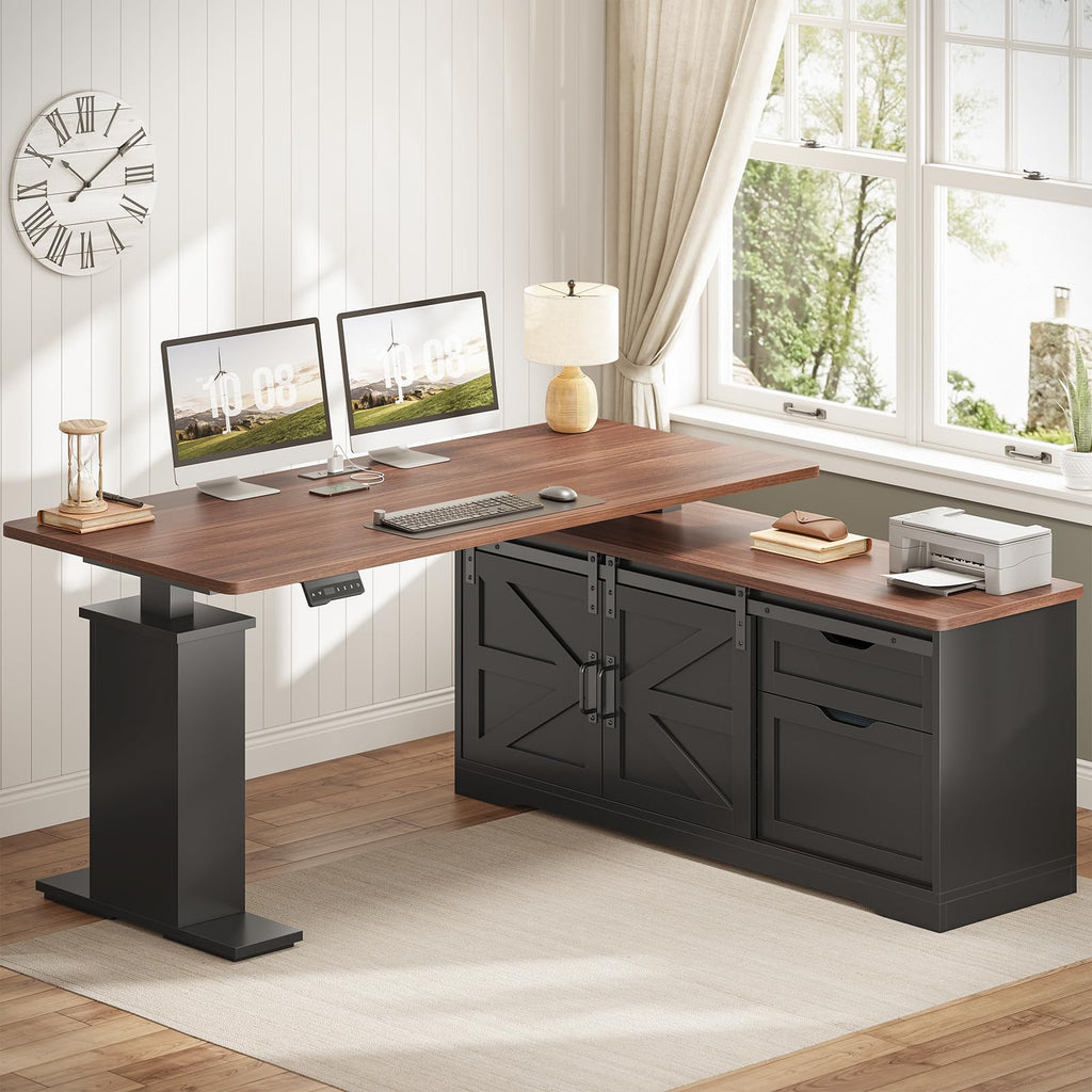 Farmhouse L Shaped Standing Desk, 55 inch Height Adjustable Corner Desk with Storage Drawers, Standing Computer Desks with Power Outlets for Home Office, Black