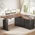 Farmhouse L Shaped Standing Desk, 55 inch Height Adjustable Corner Desk with Storage Drawers, Standing Computer Desks with Power Outlets for Home Office, Black