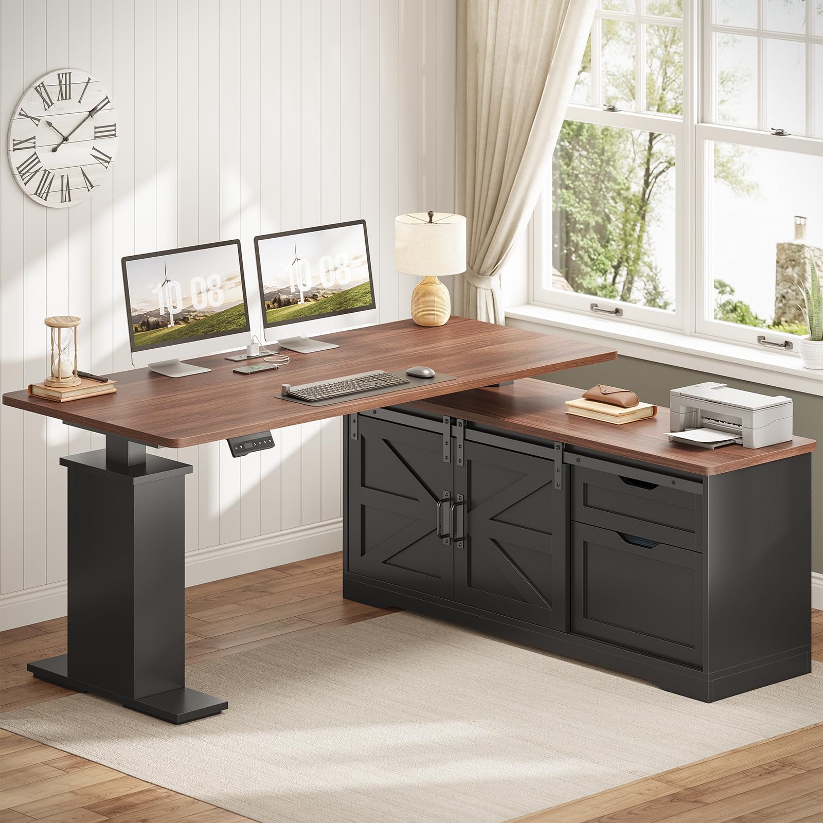 Farmhouse L Shaped Standing Desk, 55 inch Height Adjustable Corner Desk with Storage Drawers, Standing Computer Desks with Power Outlets for Home Office, Black