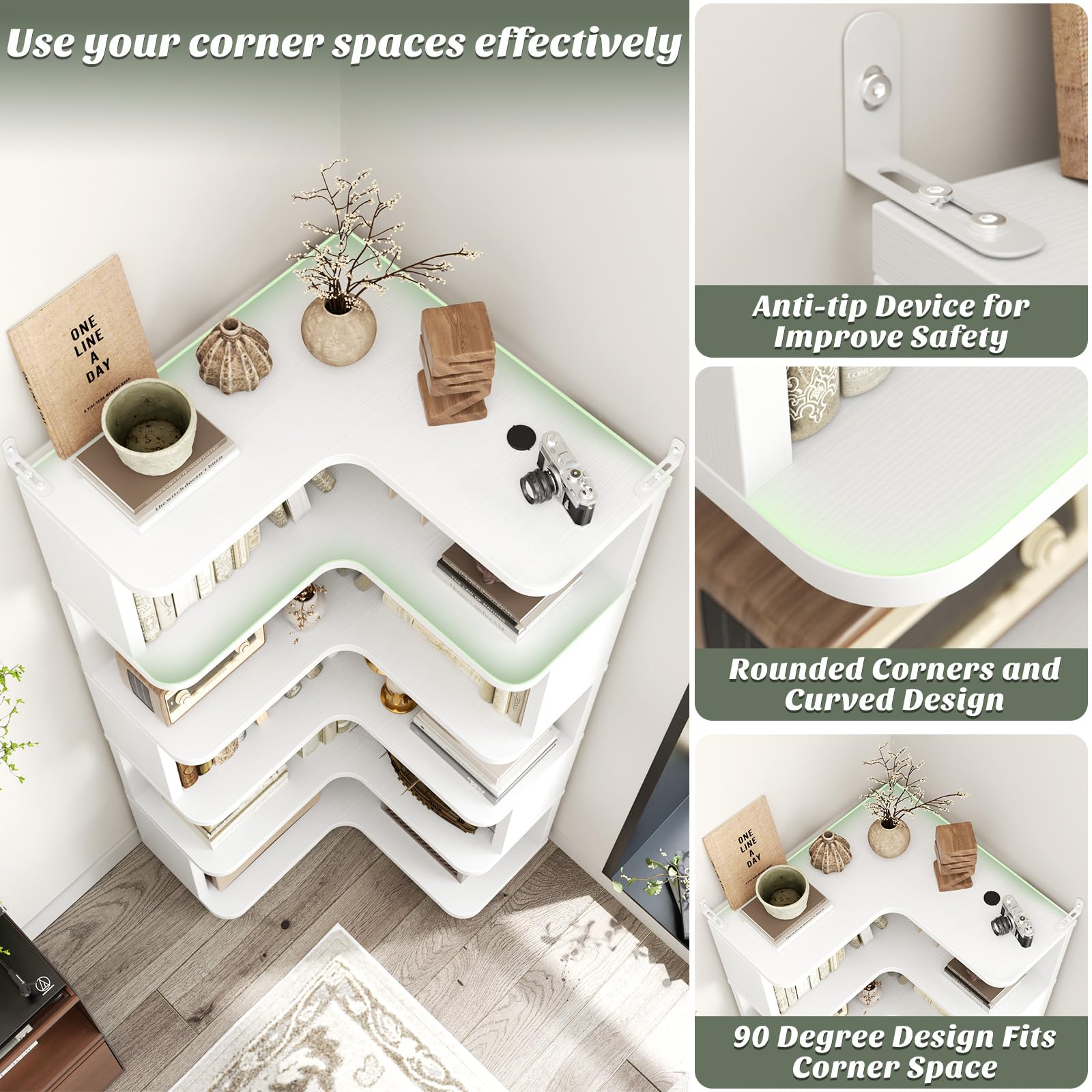 Corner Book Shelf, 6-Shelf L Shaped Corner Bookshelf with Baffle