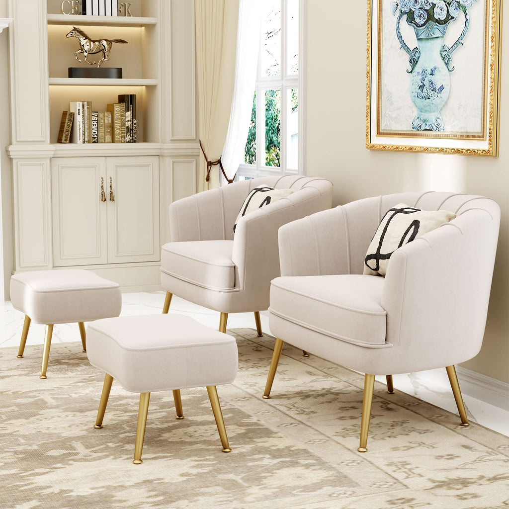 Velvet Accent Chair with Ottoman, Upholstered Modern Single Sofa Side Chair,Comfy Barrel Club Living Room Armchair with Golden Metal Legs for Office Bedroom Living Reading Room , Beige