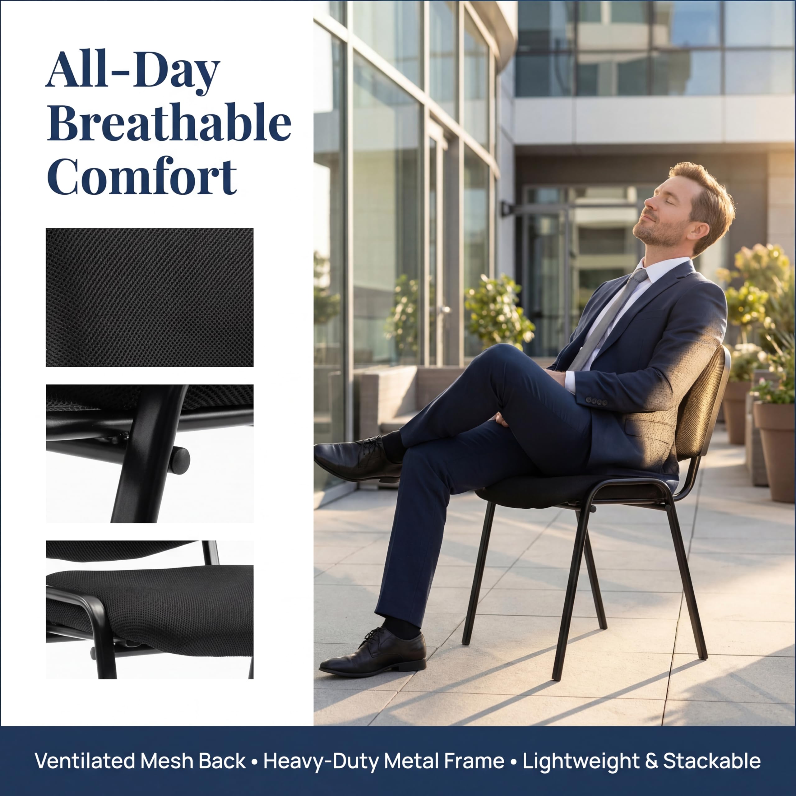 Set of 15, Black Mesh Fabric, Stackable Office Guest Chairs, Reception Waiting Room Chairs with Padded Seat & Back, Armless No Wheels Conference Chairs for Office Meeting Lobby
