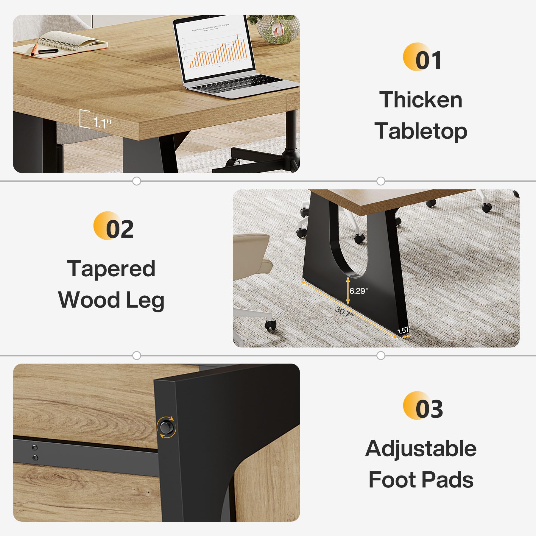 70.86" Rectangular Conference Table for 6-8 (Oak and Black)
