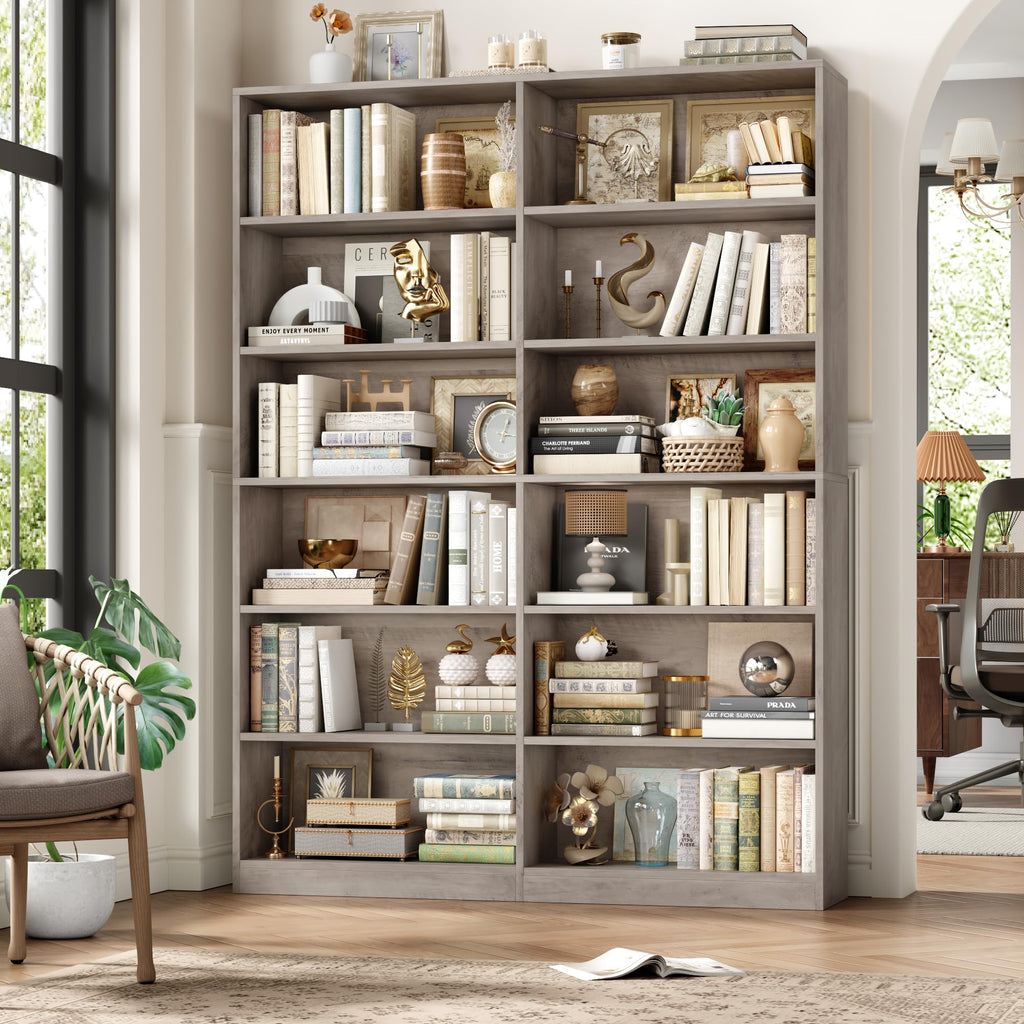 Bookshelf Tall Bookcase, 6-Tier Double Wide Bookshelves,Wash Grey