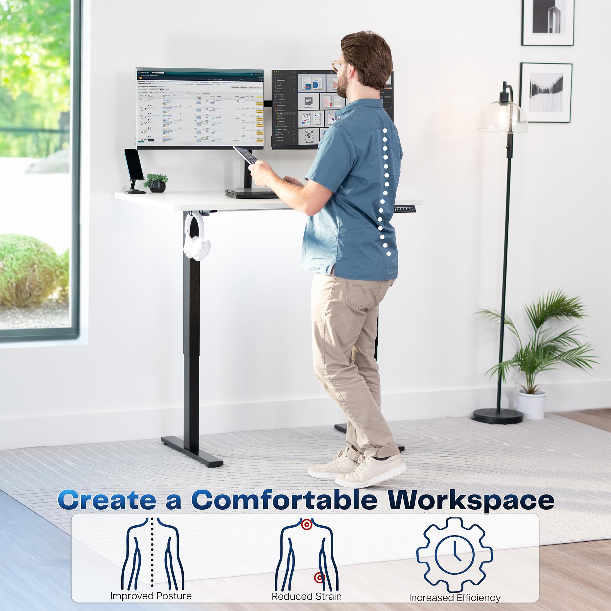 Electric 48 x 30 in Standing Desk, Memory Height Adjustment, 1B Series, Holds 220 lbs, One-Piece White Top, Black Frame