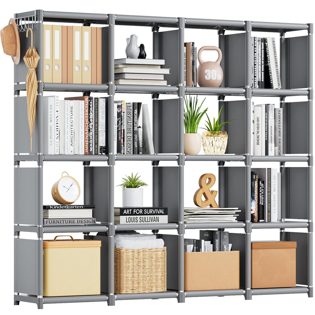 Book Shelf, 16 Cube Storage Organizer, DIY Bookcase, Metal Cube Bookshelf,Tall Book case for Bedroom, Living Room,Office,Closet Storage Organizer, Grey Cubicle Storage Rack
