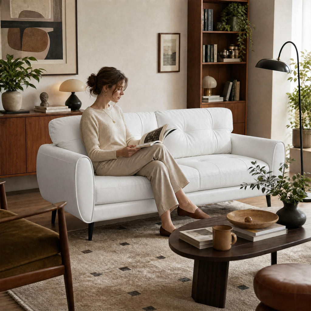 61" Loveseat Couches for Living Room, White Faux Leather Couch Mid Century Modern Tufted Mini Sofa Comfy Office 2 Seat Settee Love Seat Small Couches for Small Spaces Bedroom, White