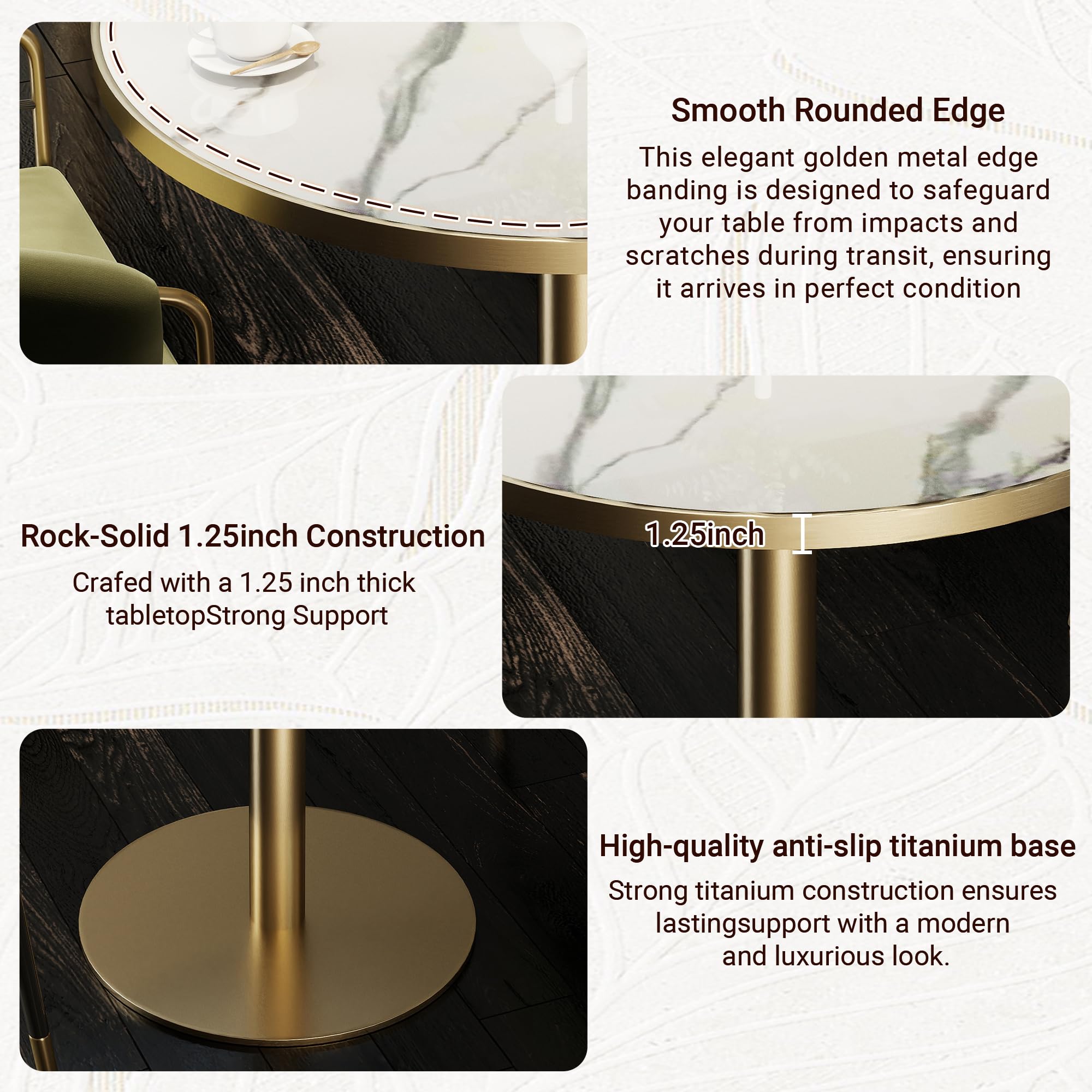hausway 31.5" Tulip Table,Round Kitchen Dining Table for 2-4 with Thick Sintered Stone Top,Titanium Golden Pedestal Base,Heat-Resistant,Bistro Table for Dining Room,Café,Small Space（Flowing Traces）