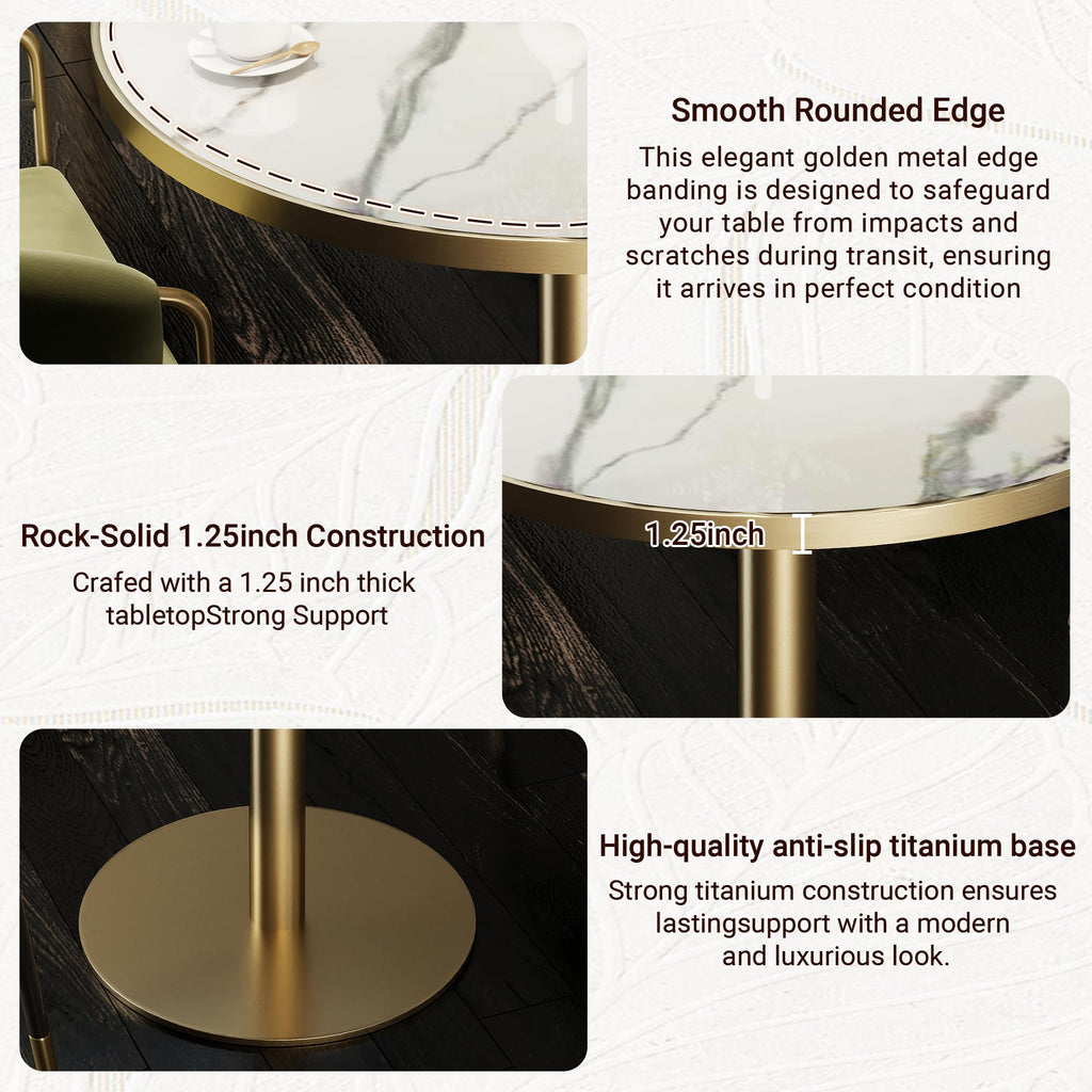 hausway 31.5" Tulip Table,Round Kitchen Dining Table for 2-4 with Thick Sintered Stone Top,Titanium Golden Pedestal Base,Heat-Resistant,Bistro Table for Dining Room,Café,Small Space（Flowing Traces）