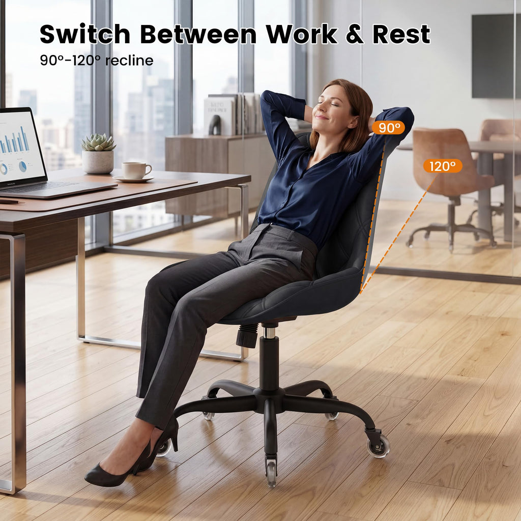 Armless Office Chair, Mid Back Modern Desk Chair with Rubber Wheels, 360 Swivel PU Leather Office Chair No Arms, Adjustable Height Small Computer Chair, Armless Desk Chair for Office, Black