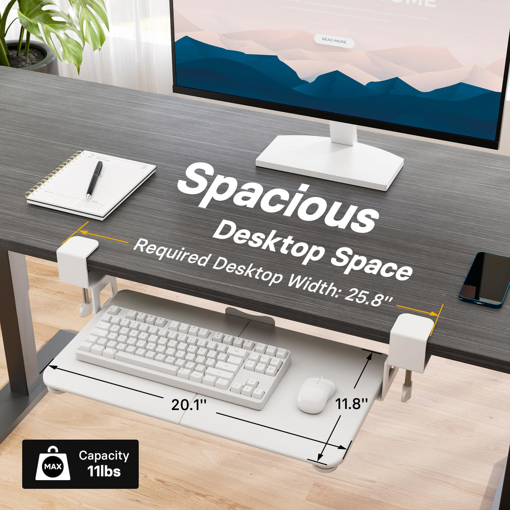 Under Desk Keyboard Tray, Pull-Out Keyboard & Mouse Platform with C-Clamp, 20 x 11.8 in Space-Saving Ergonomic Slide-Out Drawer, White