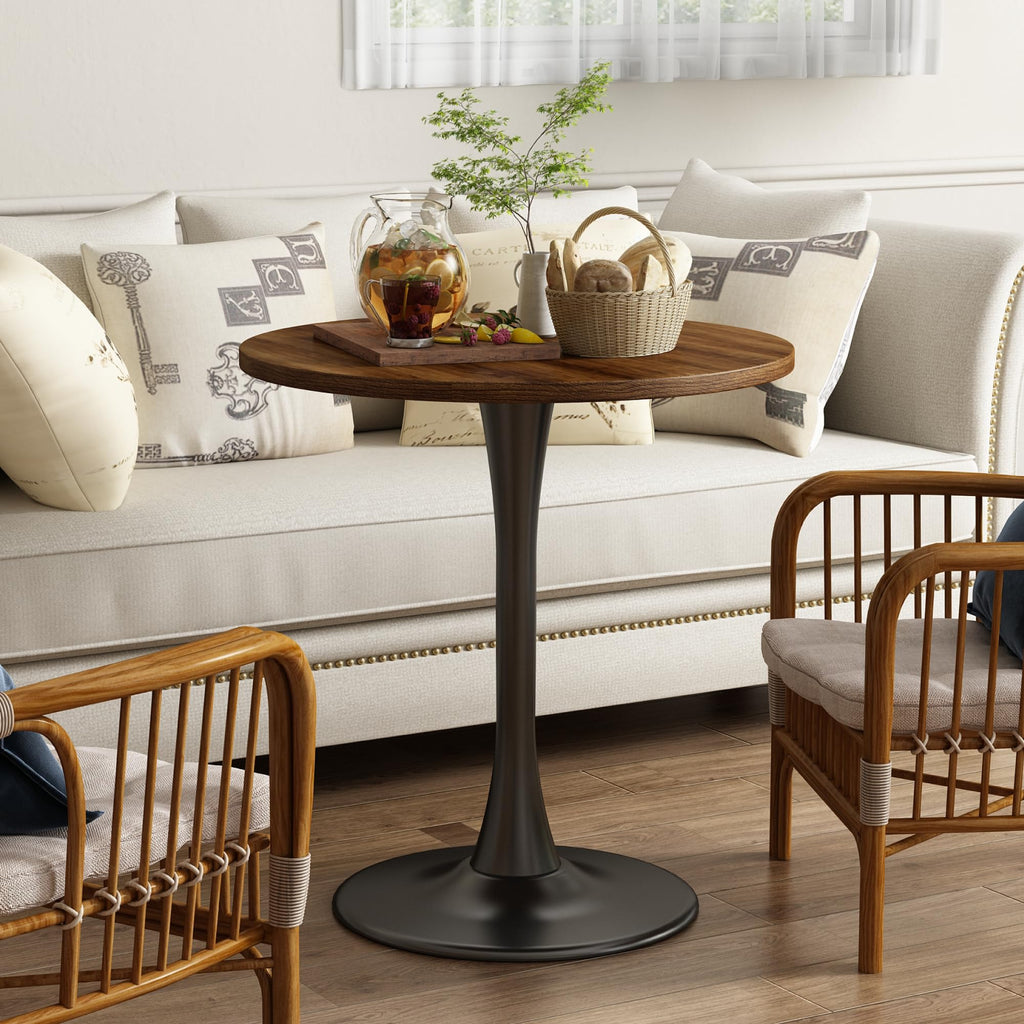 Kasinali Round Dining Table 27.5" Circle Tulip Table with Wood Thickened Tabletop & Sturdy Metal Pedestal Mid Century Modern Farmhouse Kitchen Tables for 4 Small Places Living Room Cafe,Somber Walnut