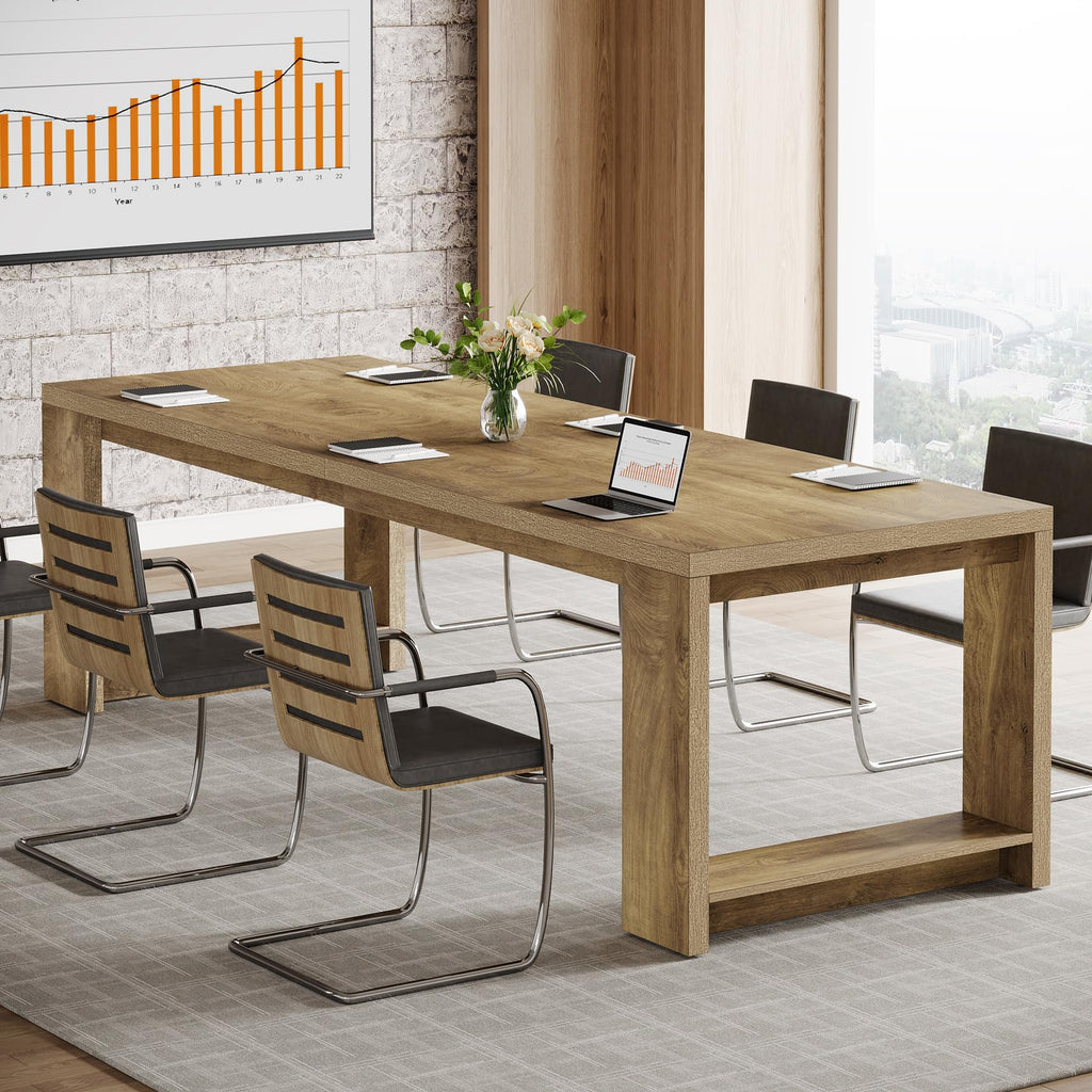 Large Conference Table for 6-8, 87-Inch Rectangular Meeting Table, Farmhouse Seminar Boardroom Desk for Office Conference Room (Natural)