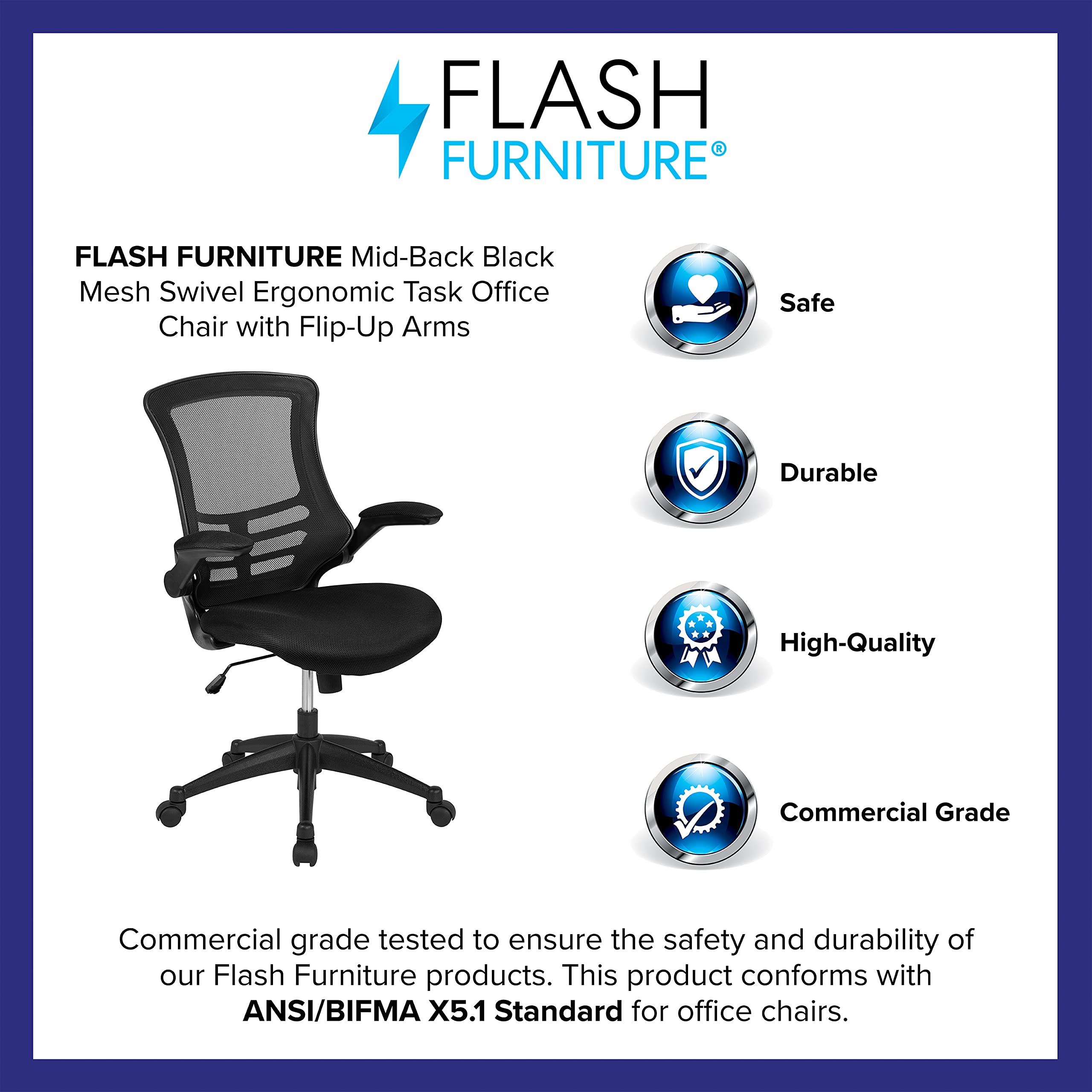 Set of 4, Mid-Back Swivel Ergonomic Task Office Chairs with Flip-Up Arms, Black Mesh